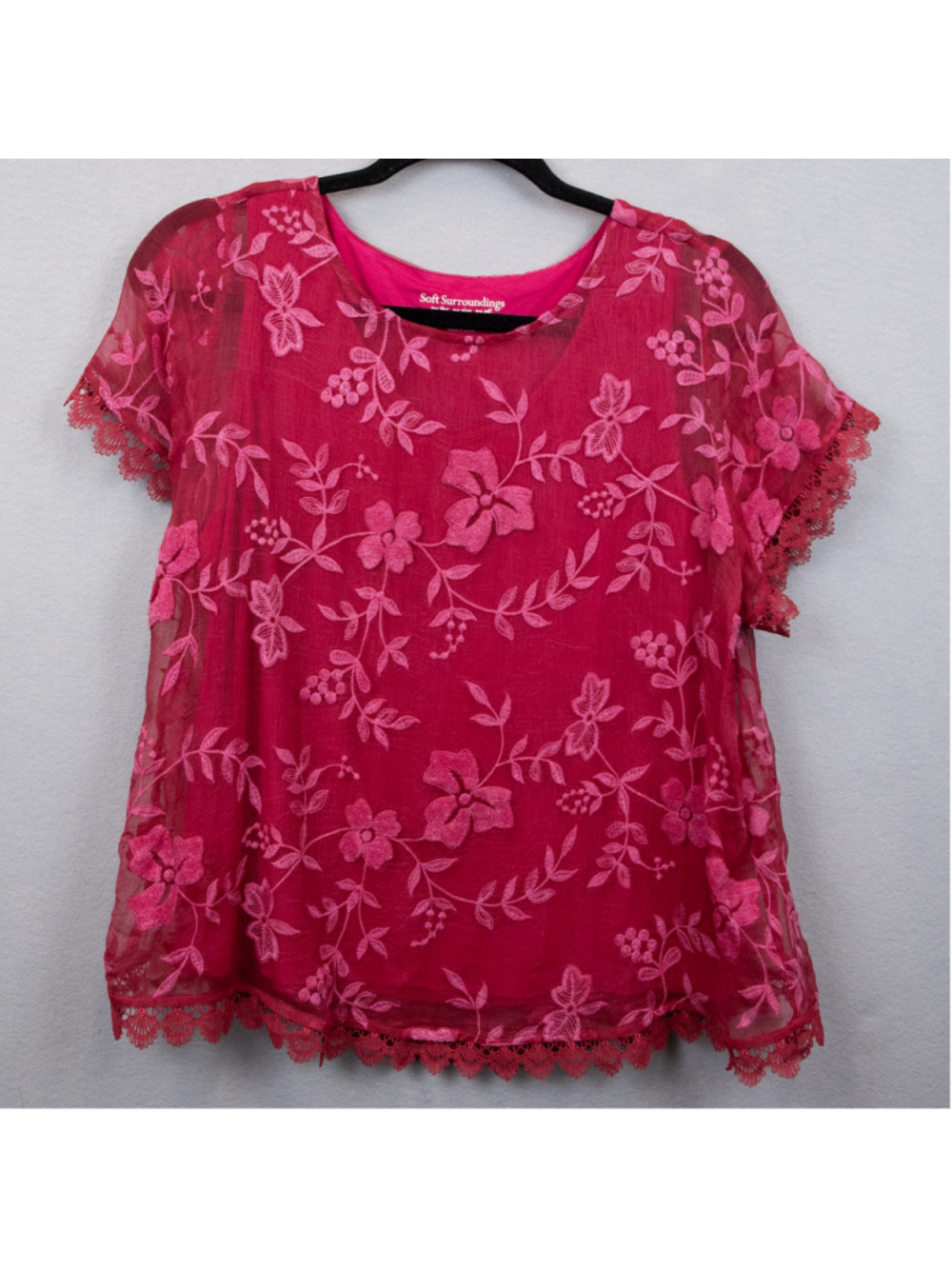 Soft Surroundings fushia floral embroidered silk top-MP